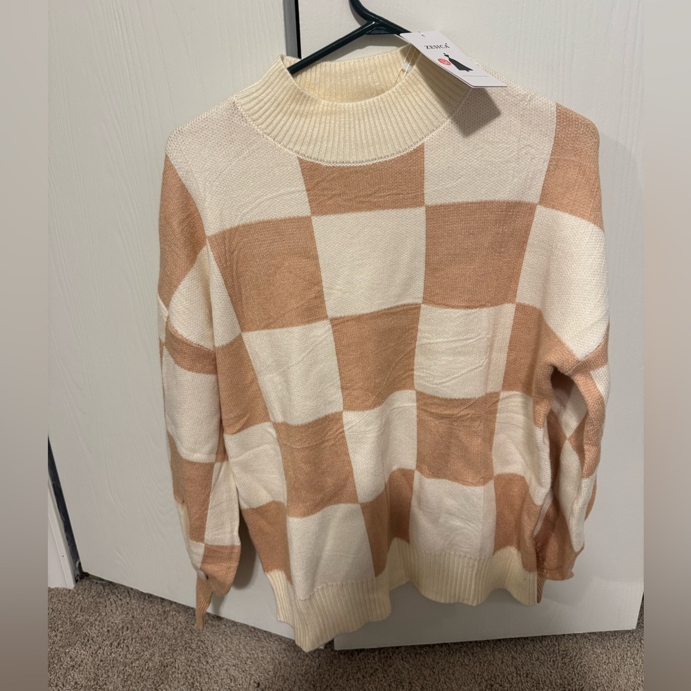 Elegant Tan and Cream Checkered Women's Turtleneck Sweater
